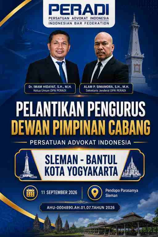 PELANTIKAN DPC PERADI SLEMAN, KOTA YOGYAKARTA, BANTUL AKAN DIGELAR DI PENDOPO PARASAMYA SLEMAN — TANAH YOGYA SIAP MENJADI KOTA HUKUM YANG TAK TERGUGAT!