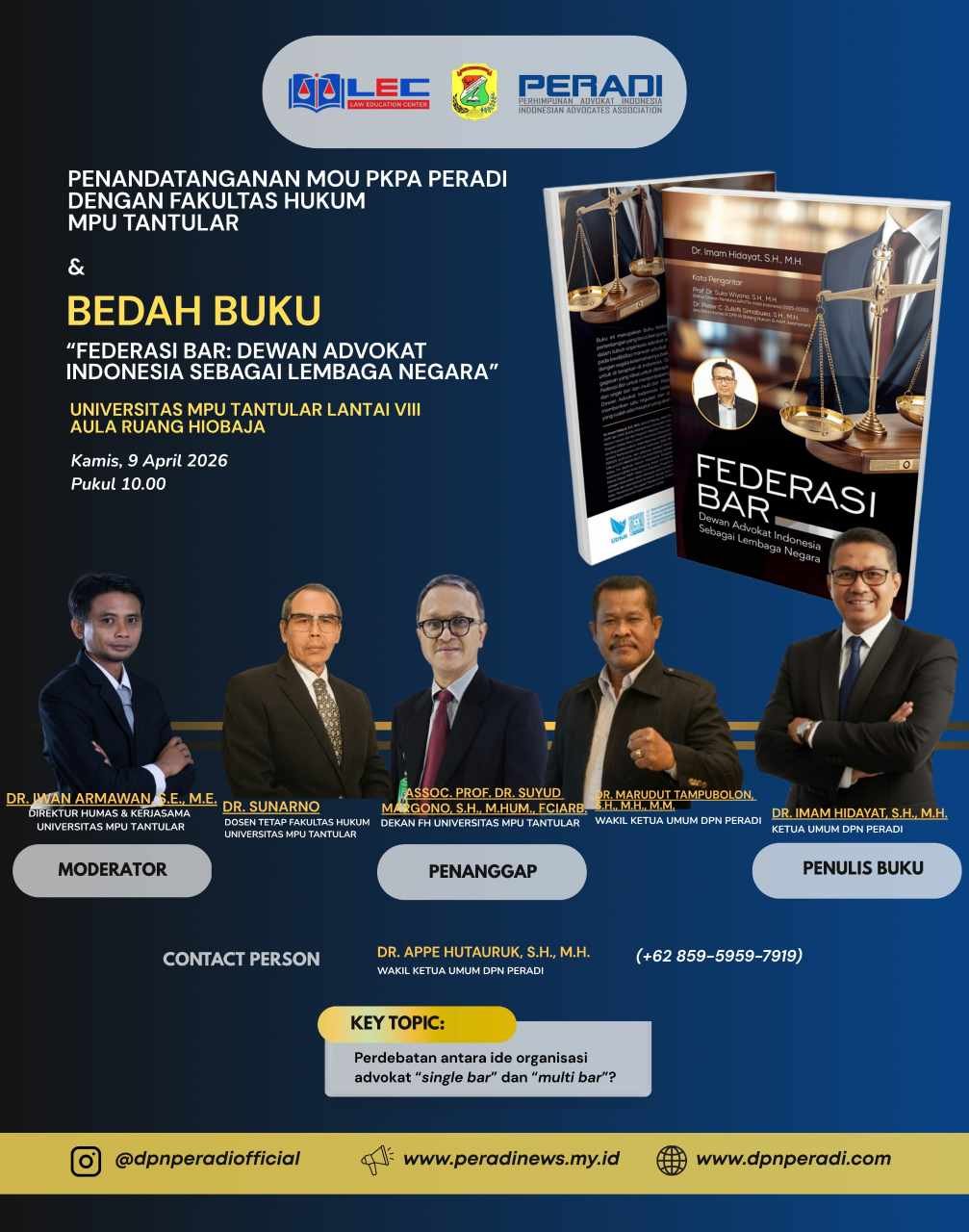 Sinergi Institusional: PERADI dan Universitas MPU Tantular Gelar Penandatanganan MoU serta Bedah Buku